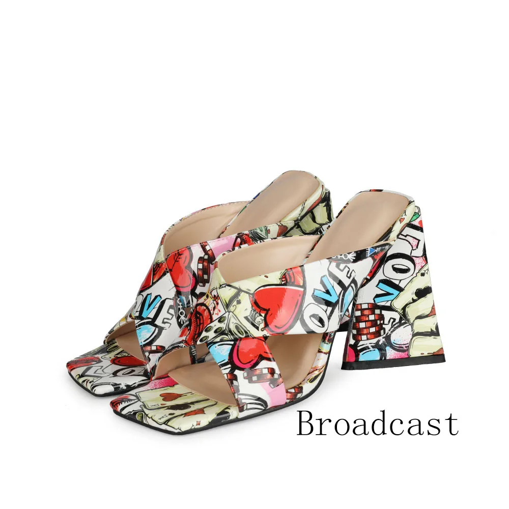 Broadcast 2021 Spring and Summer Ladies New Style PU Color Fashion All-match High-heeled Square-toe Ladies Slippers