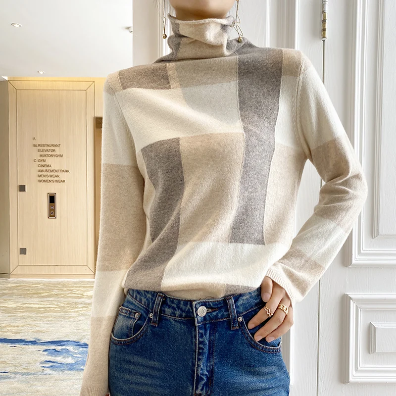 

2022 Autumn / Winter Sweater Woman High neck Pullover Casual Knitted Color Matching Plaid Tops FemaleJacket