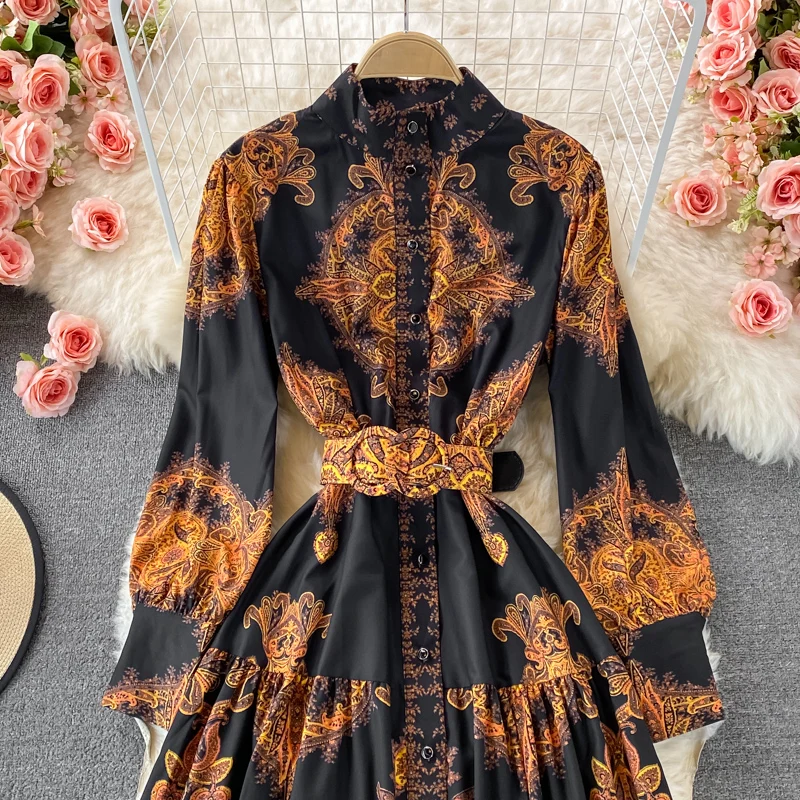 

Amolapha Women 2021 New Bohemia Style Printed Pull Long Sleeve Vintage Spring Autumn Single Breasted Big Swing Maxi Dresses