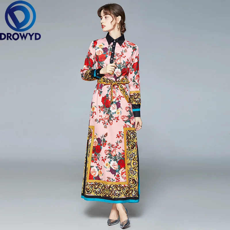 

2021 Luxury Rose Floral Maxi Dress Women Summer Elegant Shirt Collar Full Sleeve Flower Print Loose Split Long Dress with Belt