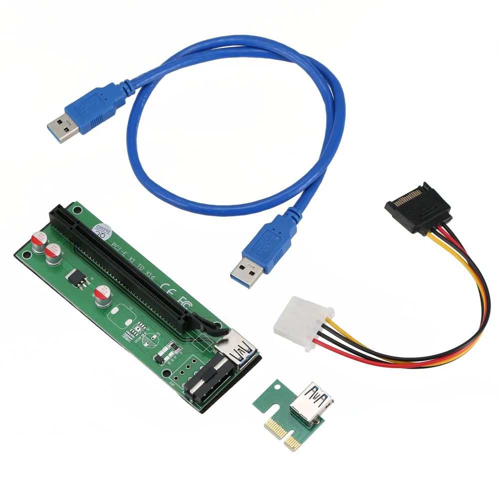 

60 см PCI-Express PCI-E 1X до 16X адаптер Райзер-карты PCIE удлинитель + кабель USB 3,0 + SATA к 4Pin IDE кабель питания Molex QJY99