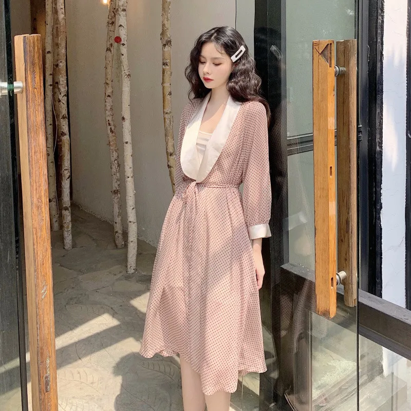 Французская мода Ретро горошек праздничное платье Vestidos с длинным рукавом