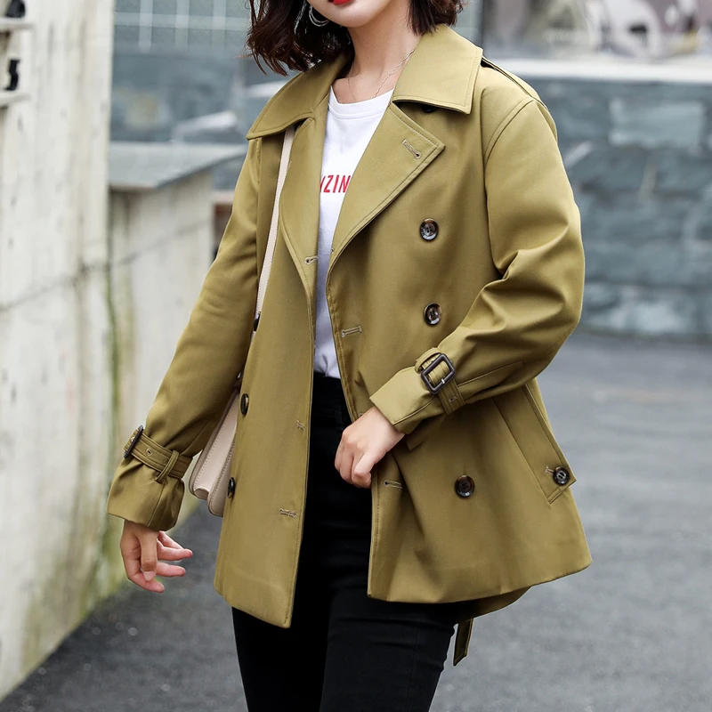 

Классический пальто для женщин короткий однотонный Модный повседневный шикарный пояс тонкая модная ветровка