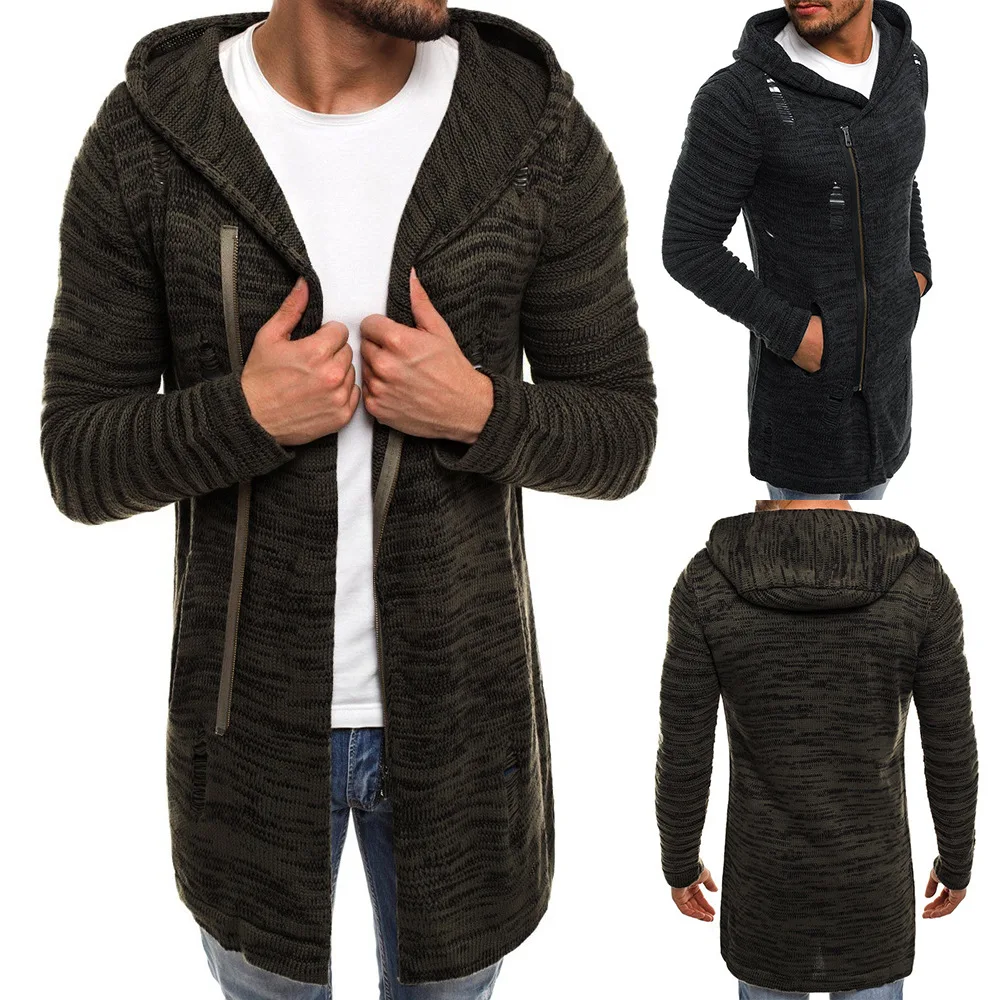 Свитер мужской с капюшоном повседневная трикотажная кофта открытым стежком