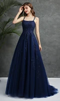 navy blue a line lace prom evening dresses with straps applique open back tulle long formal pageant gowns beaded robe de soiree