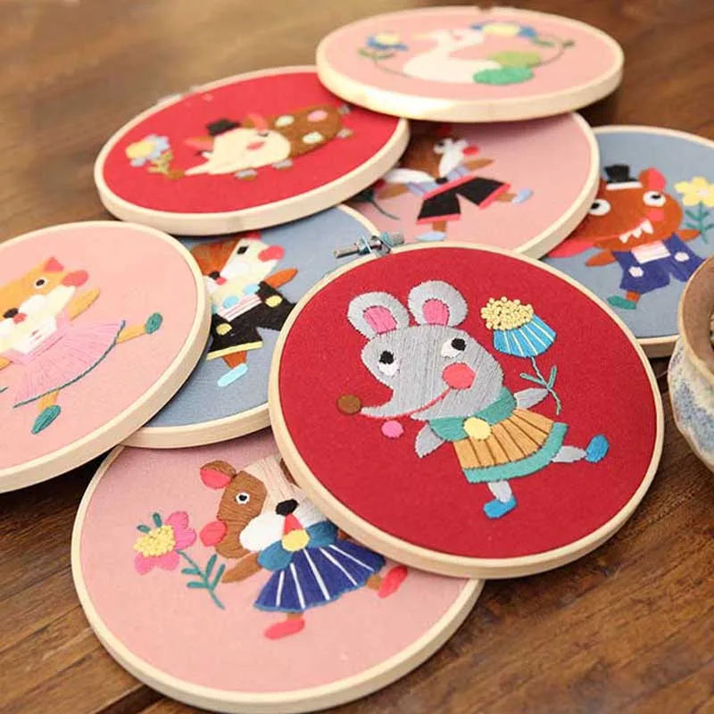 Cartoon Animal Embroidery Kit with Bamboo Hoop DIY Needlework Cross Stitch Handmade for Beginner Sewing Art Gift Home Decor | Дом и сад