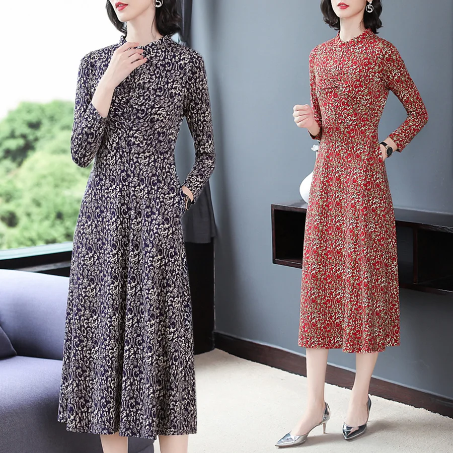 Женское винтажное красное платье миди с принтом осенне зимнее большого размера