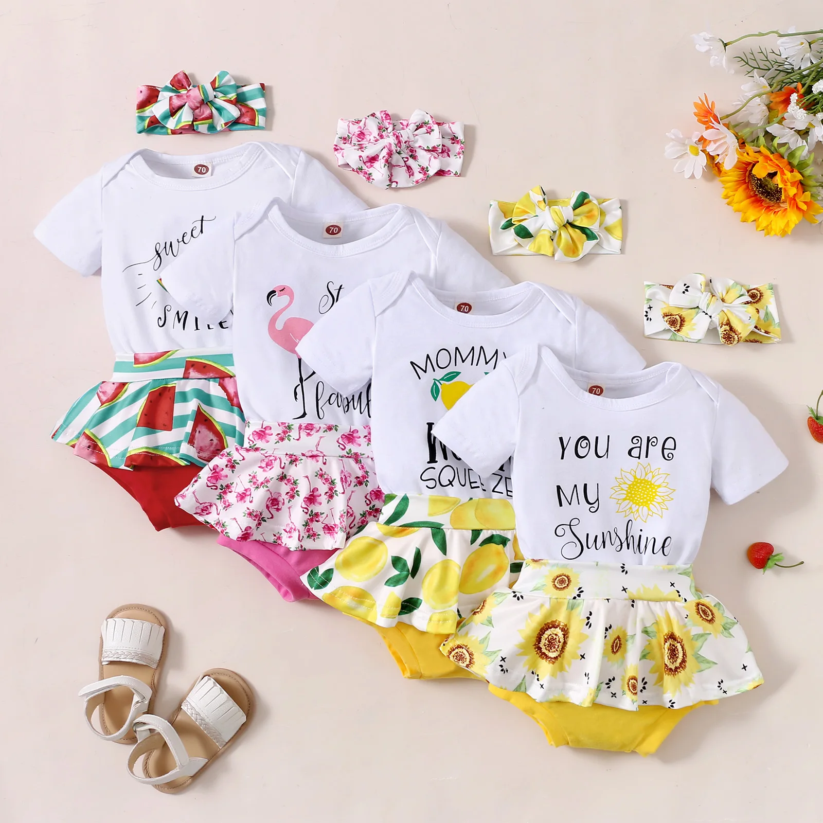 

Newborn Baby Girls Three-Piece Outfits Short Sleeve Letter Bodysuit Sunflower Watermelon Bird Lemon Shorts Decorative Headband