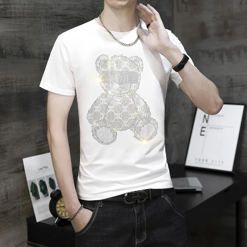 

2021 Bear Rhinestones Mens T Shirts Streetwear Fashion Man Clothes Slim Modal Cotton O Neck Short Sleeve T-shirts Plus Size 8XL