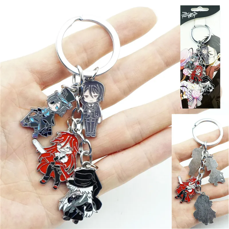 

4 In 1 Set Anime Black Butler Kuroshitsuji Keychain Keyring Cartoon Figures Alloy Metal Pendant Key Ring Cosplay Accessories