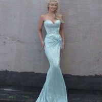 light blue elegant fashion sexy evening dress strapless sweetheart floor length mermaid dress high split sequins prom dresses