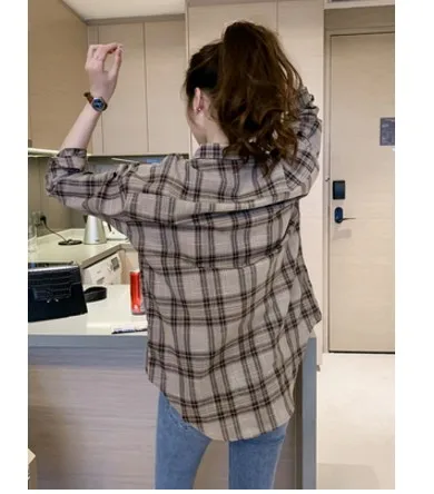 Повседневные женские рубашки, корейская модная одежда, blusas mujer de moda, свободные женские топы, офисные женские рубашки в клетку, женские 6858 50