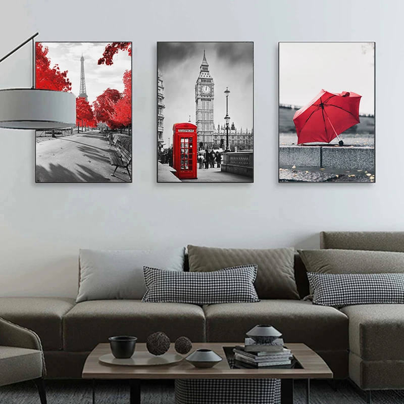 Настенный плакат черного белого красного цвета с принтом зонта дерева городской