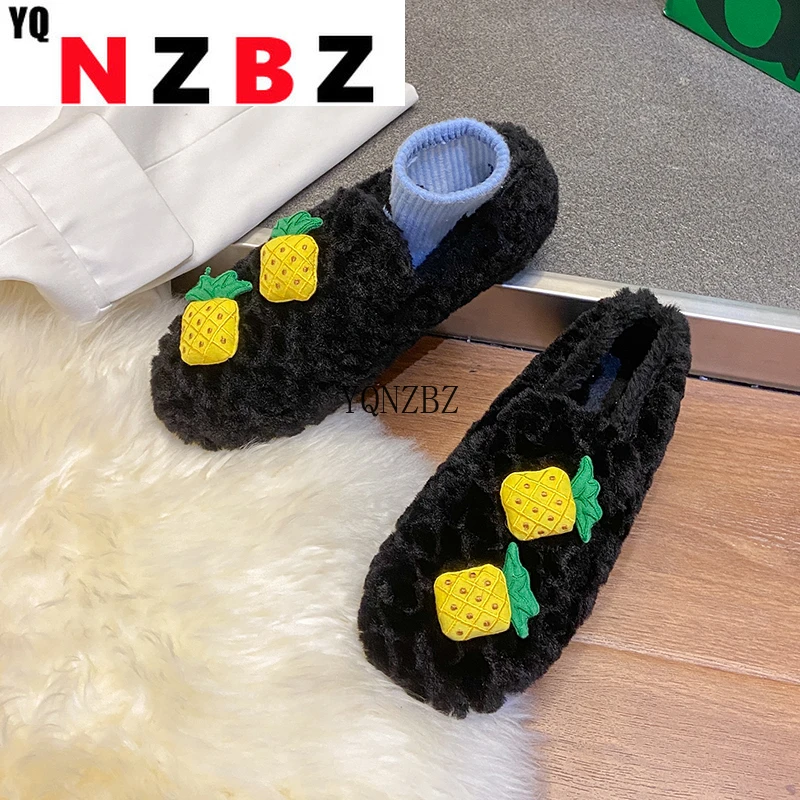 

Winter Fur Flats Loafers Women Shoes New Casual Shoes Soft Bottom Warm Furry Straberry Outdoor Autumn Shoes Woman Luxury Flats