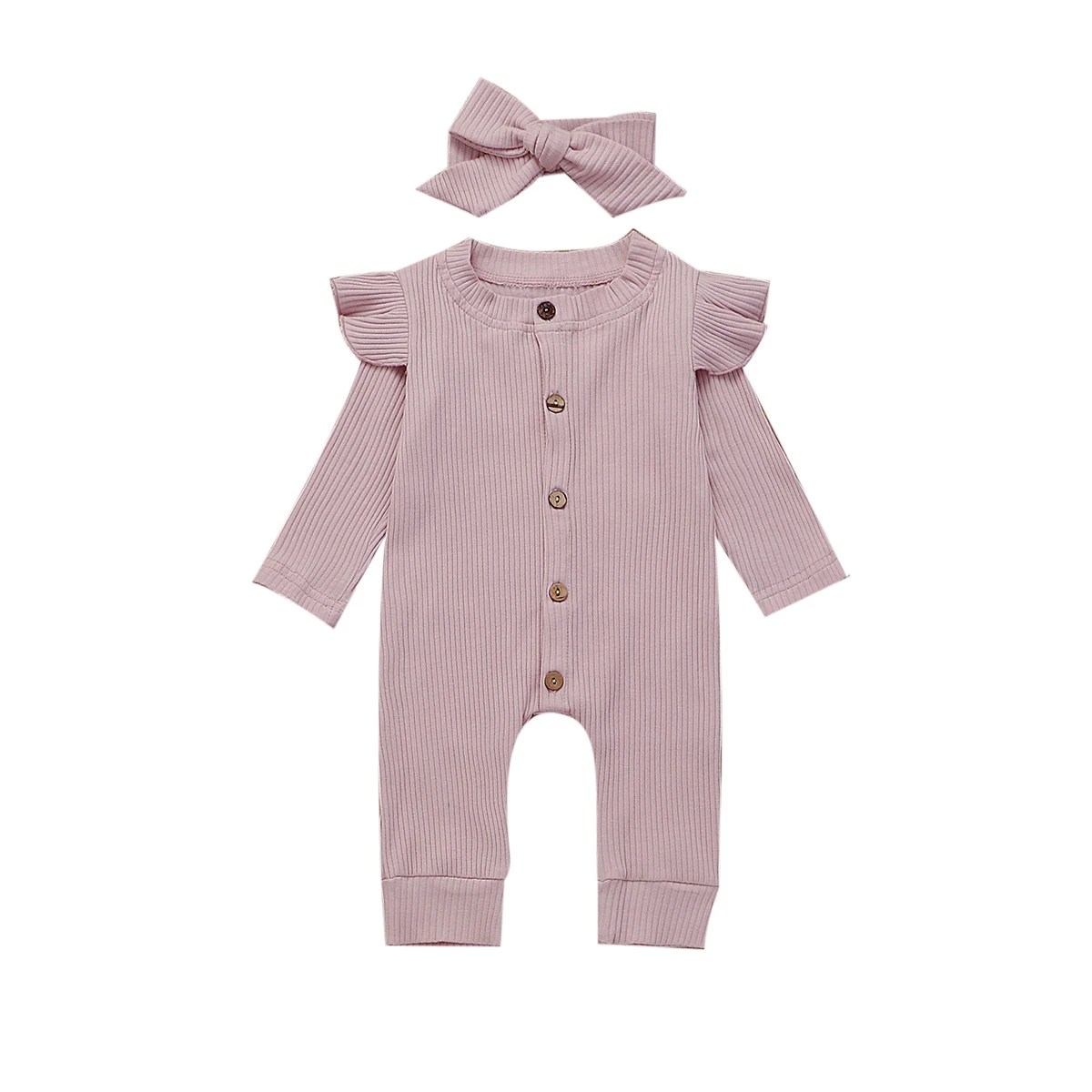 Newborn Baby Romper Girl Autumn Clothes Long Sleeve Knitted Cotton Button Ruffle Jumpsuit Headband Warm Outfits 0-24M |