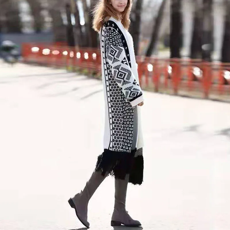 Осенне-зимнее шерстяное пальто женские с бахромой свитер большого размера