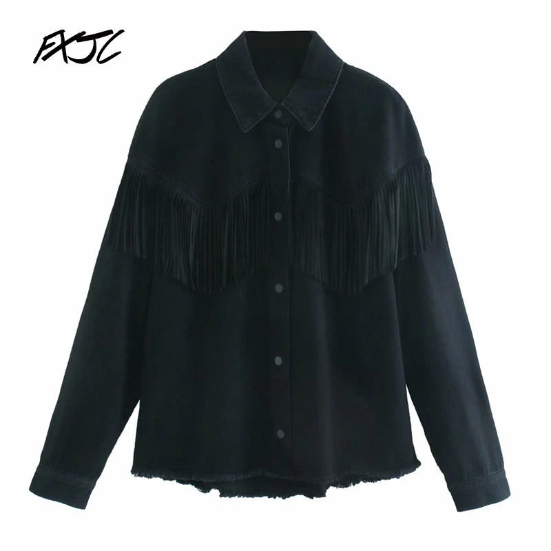 

Retro Fashion Tassel Lapel Long Sleeve Women's Loose Denim Black Jacket Coat Chic Casual Frayed Trim Tops Female