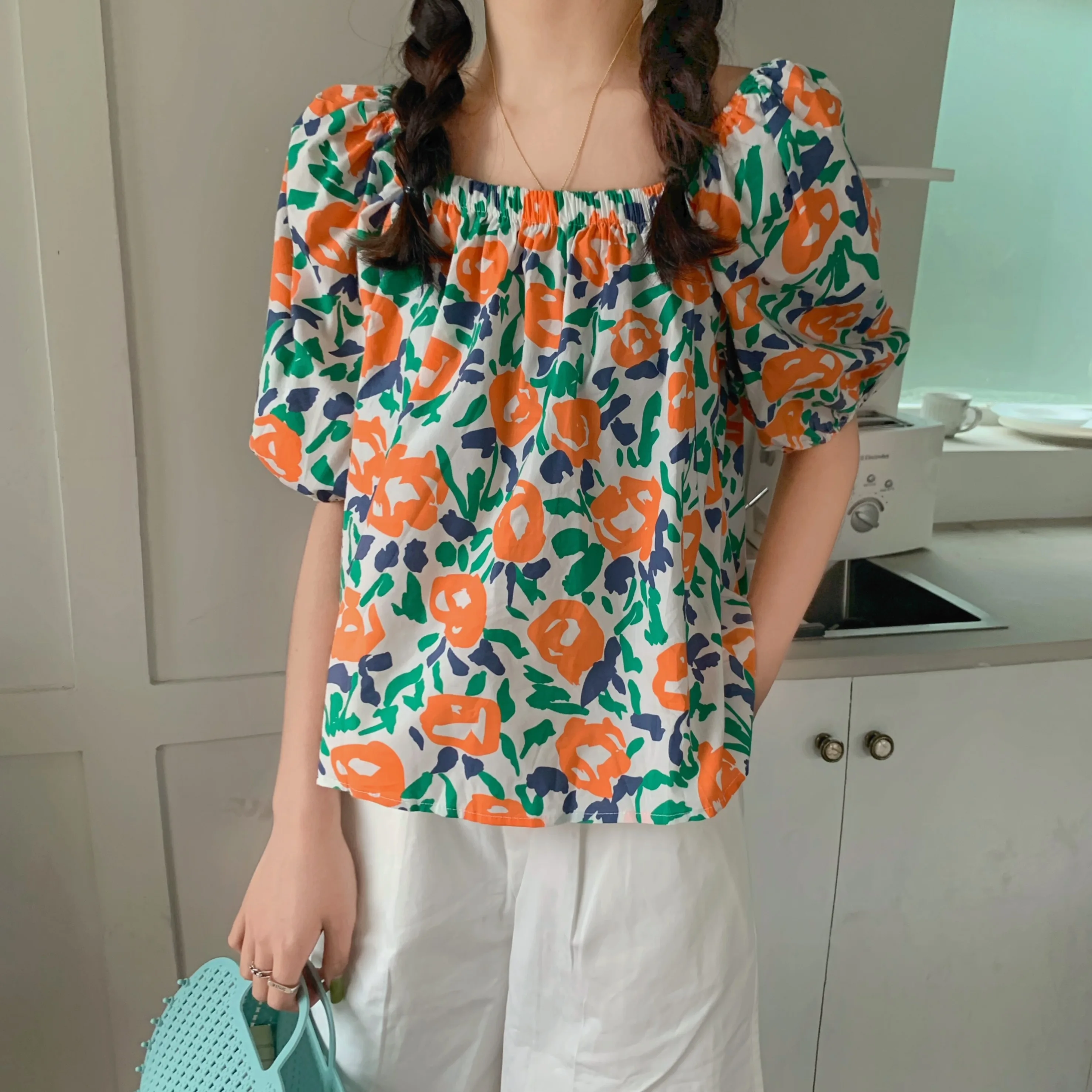 

Blouses Femme 2021 Summer Women Square Collar Puff Sleeve Loose Chiffon Shirt One Word Collar Strapless Print Floral Blouse Top