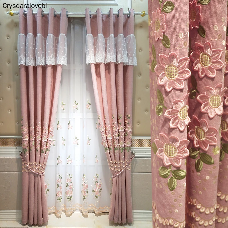 

Pink Blackout Curtains for Living Room Bedroom European Luxury Curtain with Embroidery Flower Sheer Curtains Modern Tulle Blinds
