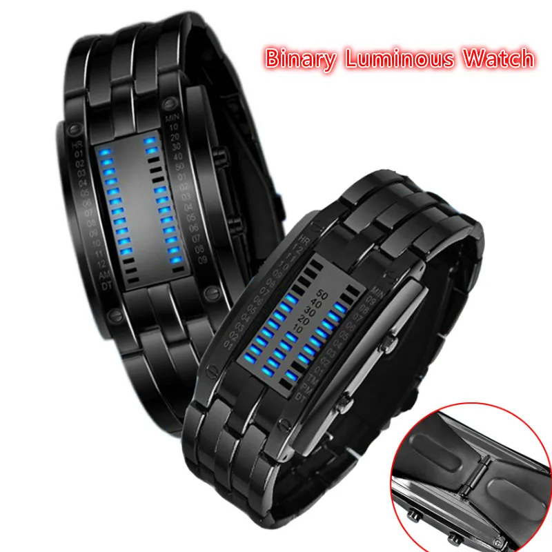 

Роскошные часы для влюбленных мужчин и женщин из нержавеющей стали Синие двоичные светящиеся электронные часы со светодиодным дисплеем уд...