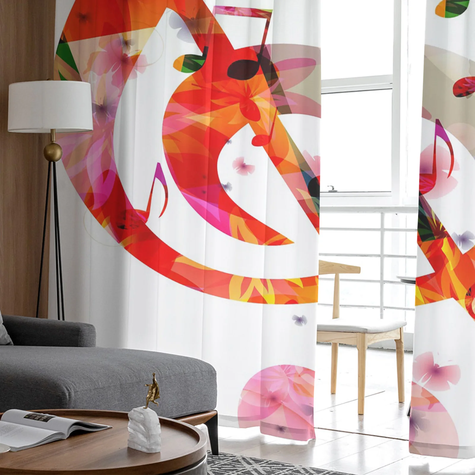 Красная занавеска с символами заметок бабочками цветами художественная оконная