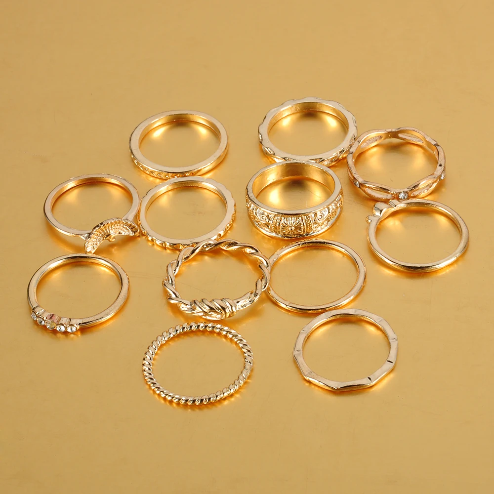 

12PCS/Set Bohemian Vintage Gold Color Rings Rhinestone Lucky Rings Set Women Party Jewelry Gorgeous Luxurious Butterfly Rings