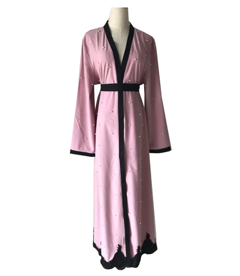 

Oman Muslim Clothes Women Dress Muslim Ramadan High-end Handmade Pearl + Lace Robe, Moslin Long Skirt with Buttons + Belt