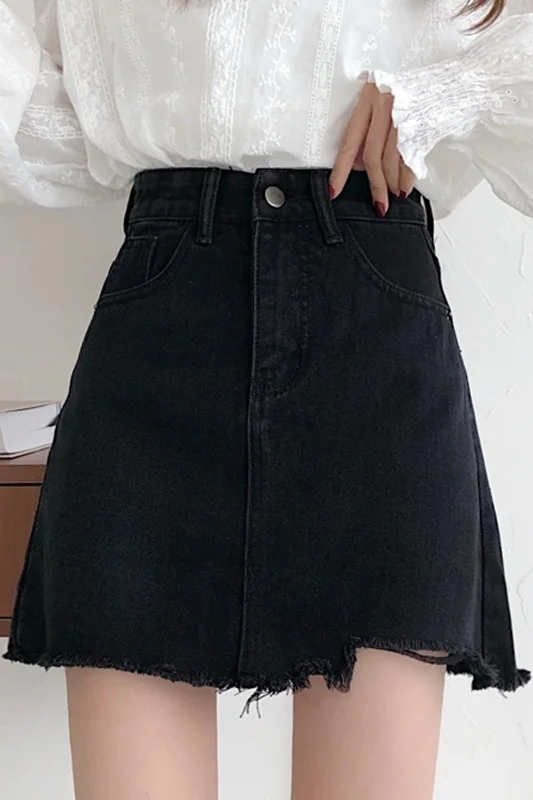 Black Denim Skirt Women's Irregular 2021 New Spring and Autumn A-line High Waist Thin Fashion | Женская одежда