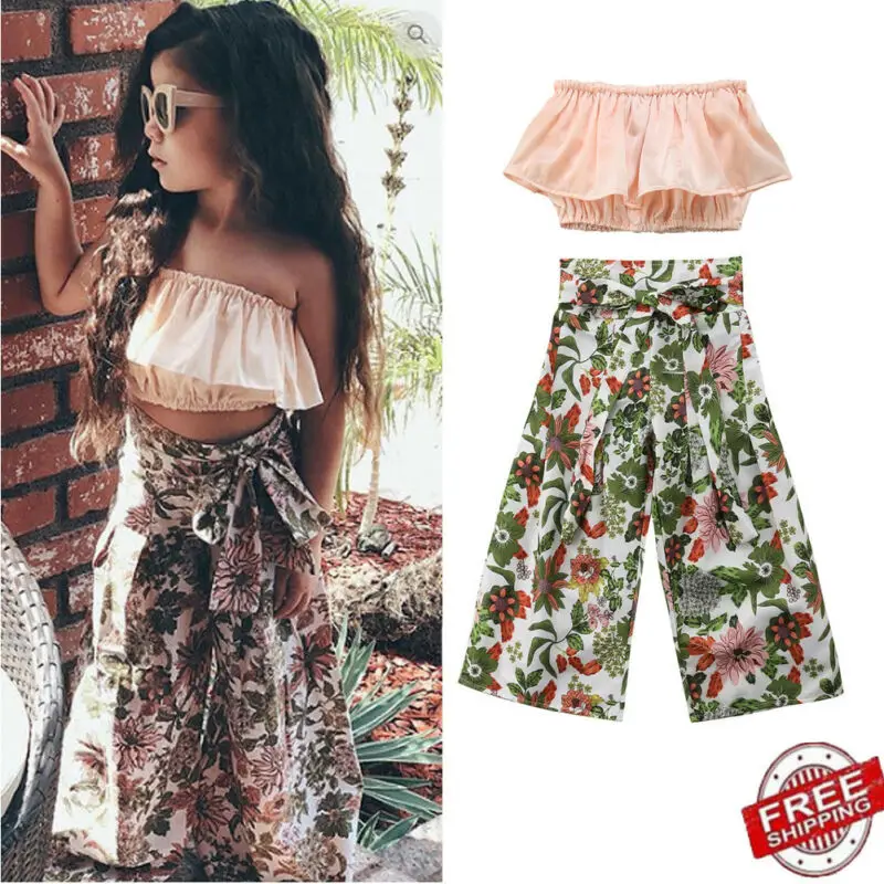 Комплект одежды для девочек из топа без бретелек с открытыми плечами и широких