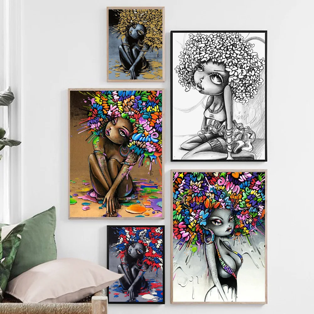 

Nordic graffiti art figure poster unique hairstyle sexy girl Abstract canvas painting office living room home decoration mural