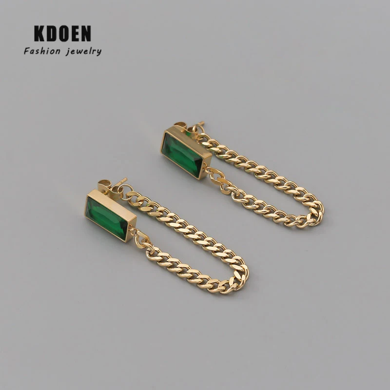 

Европейские и американские модные квадратные зеленые серьги-цепочки из нержавеющей стали с драгоценными камнями, готические женские роско...