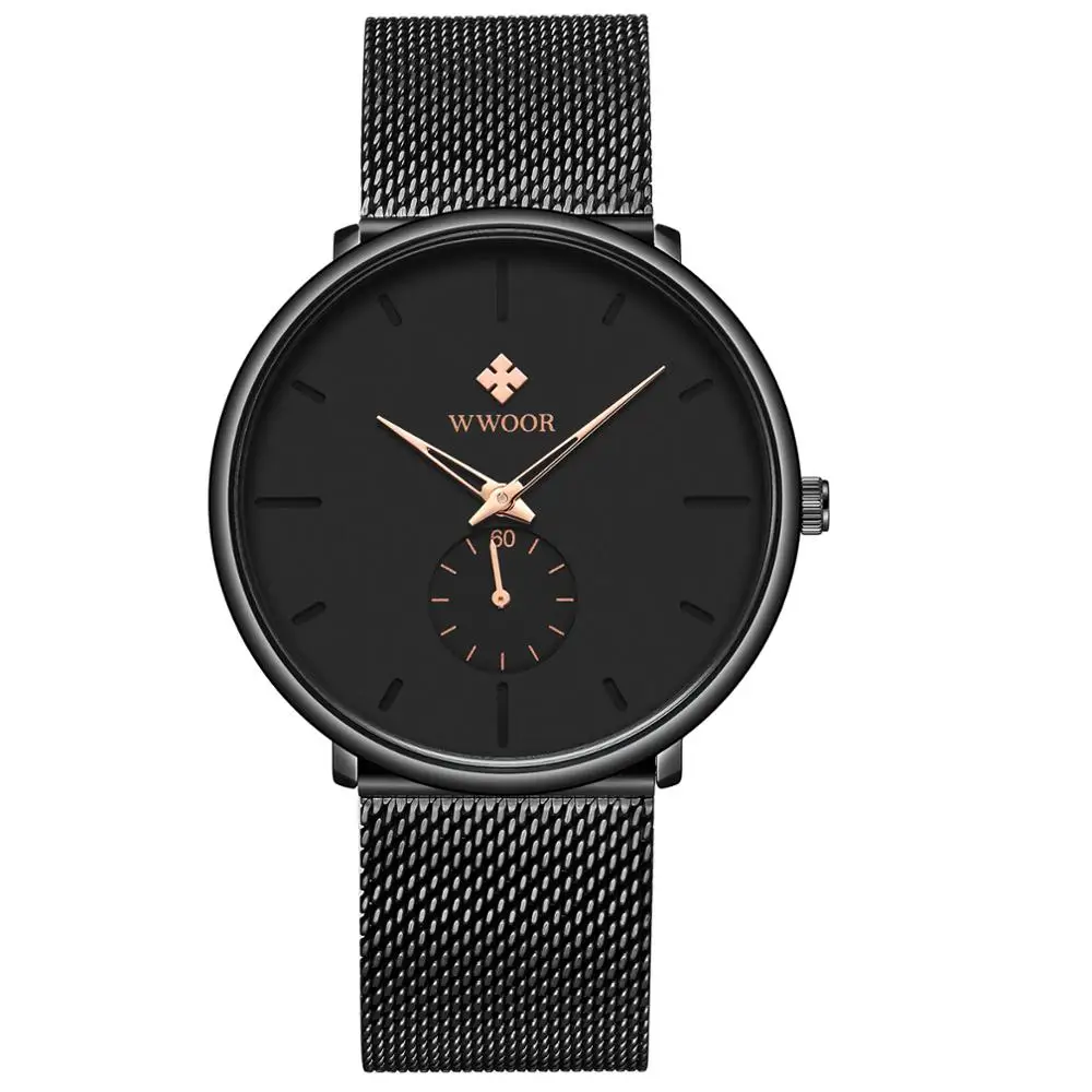 

WWOOR 8855 Casual Sport Men Quartz Watch Stainless Steel Mesh Waterproof Ultra-Thin Dial Mens Wristwatches
