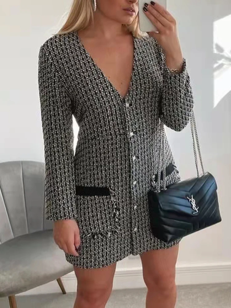 

PUWD Casual Women V Neck Draw Back Dress 2022 Spring Fashion Ladies High Street Vintage Dress Female Textured Mini Dress