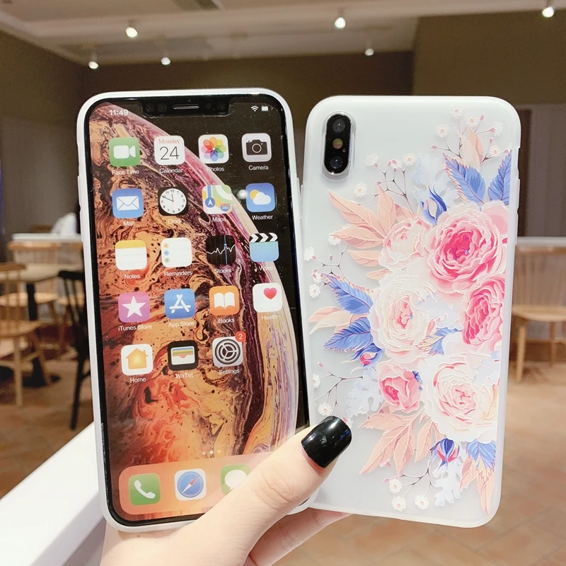 Для iPhone 6 6s 7 8 Plus 10 11 Pro X XS XR Max 3D Цветочный рельефный Матовый Прозрачный мягкий