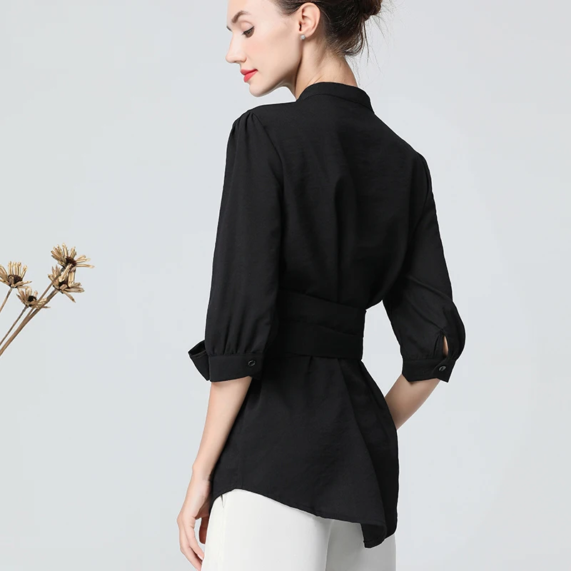 

Women Black Long Tunic With Belt O-Neck Seven Sleeve Spring Summer Cardigan Shirt Elegant Slim Office Street Wear Ladies Tops