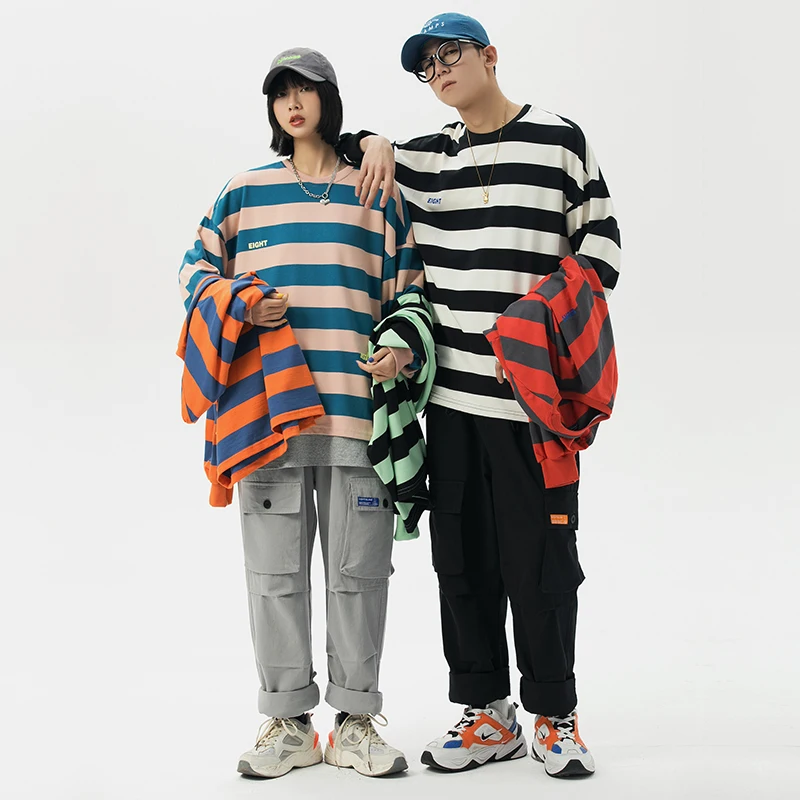 Мужской винтажный пуловер в стиле хип хоп Модный полоску с длинным рукавом