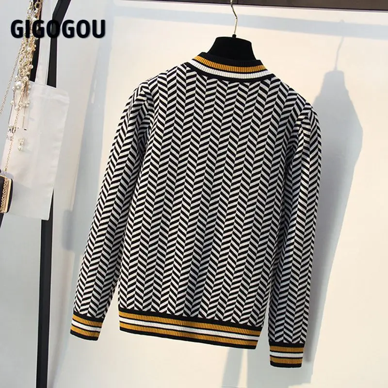 Женский трикотажный свитер полосатый плотный жаккардовый пуловер повседневный