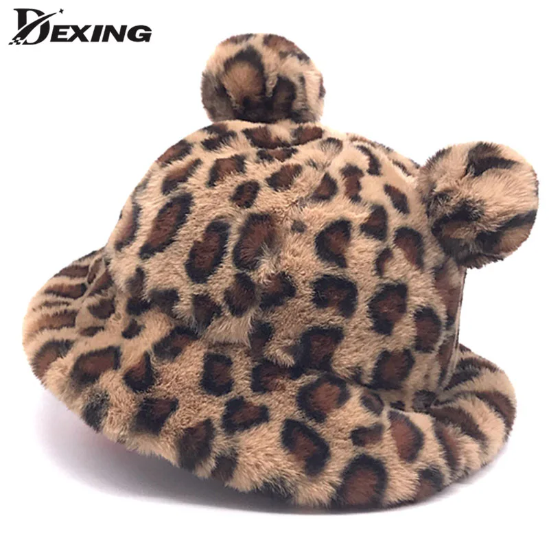 Japan autumn winter leopard fur bucket hat bear ear ball plush fisherman soft warm thick basin protection hats | Аксессуары для