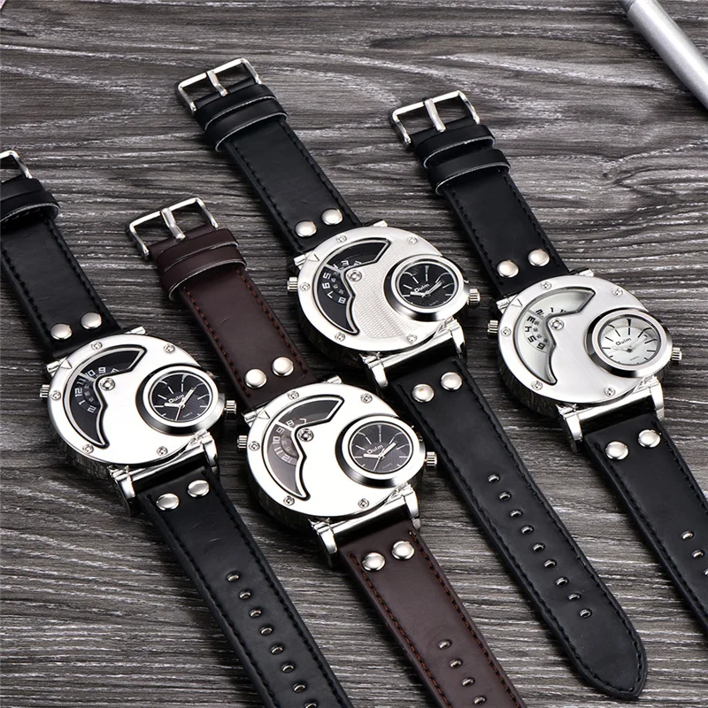 Мужские кварцевые часы с двумя часовыми поясами из ПУ кожи|Кварцевые мужские