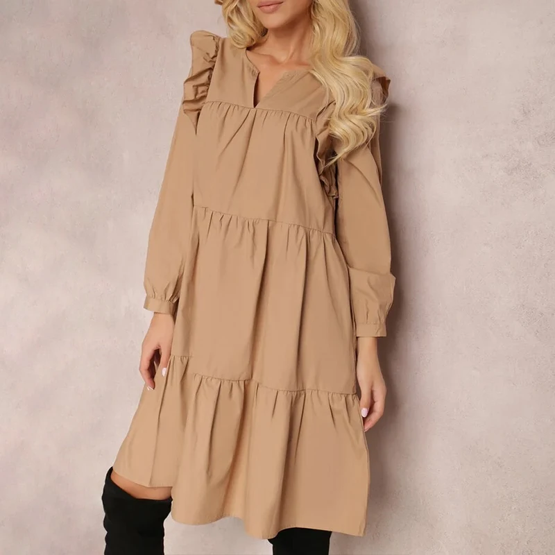

Winter Long Butterfly Sleeve Shirt Dress Women Casual Loose Ruffles Midi Dress 2021 Female Autumn V Neck Office Vestidos