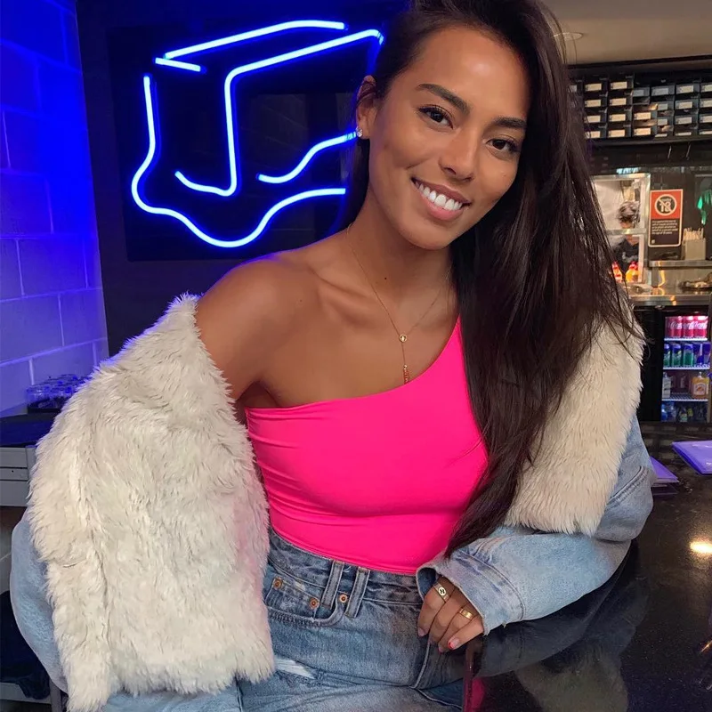 

One shoulder bodysuit sexy bodycon one shoulder bodysuit for women basic bodysuit autumn summer ladies bodysuits neon green