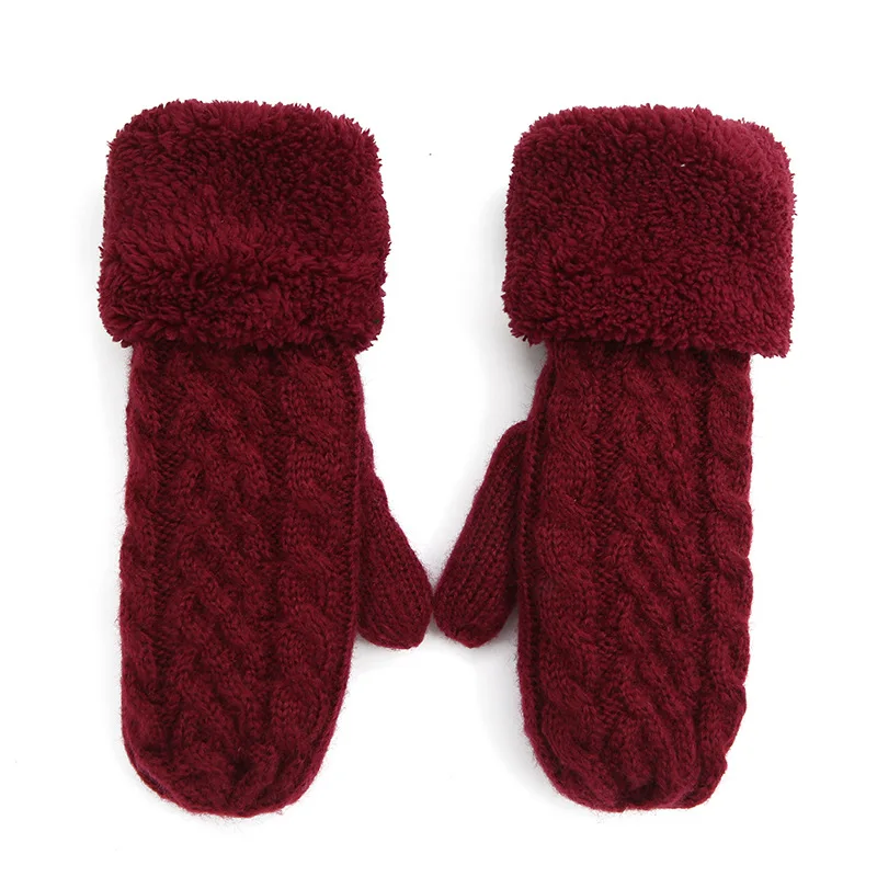 

Women Fashion Knit Twist Flowers Mittens Winter Female Wool Plus Cashmere Velvet Thickening Warm Full Finger