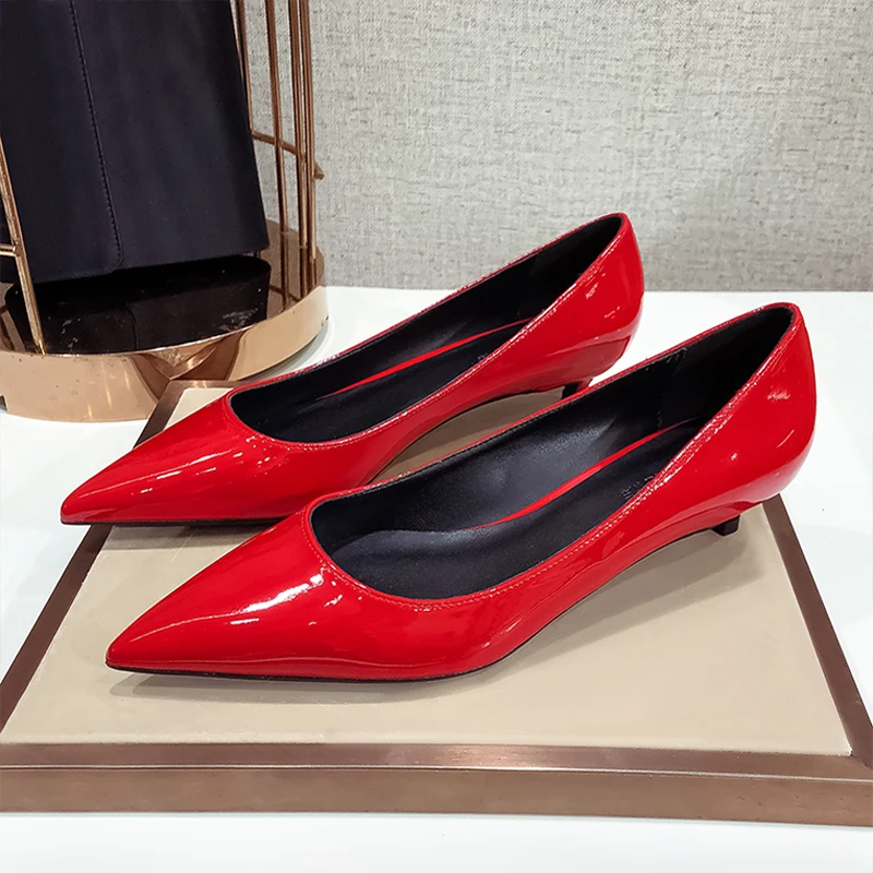 Female New Women Pumps Nude Red White Sliver Color Med Thin High Heels Lady Genuine Patent Leather Pointed Toe Office Shoes A002