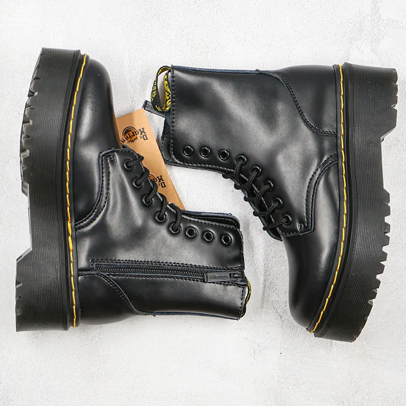 Женские кожаные ботильоны Dr.Martens черные ботинки на толстом каблуке с боковой