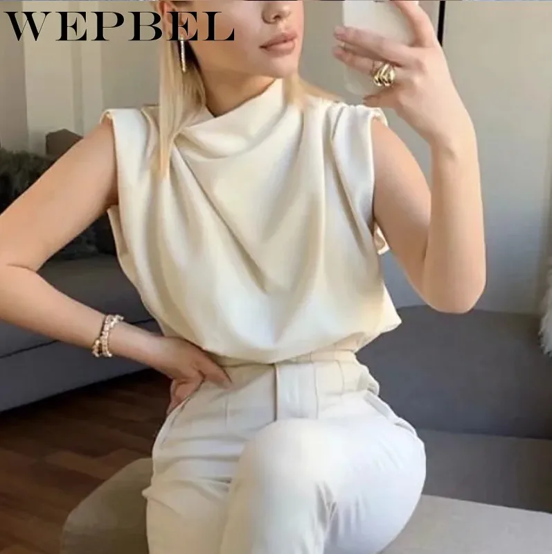 

WEPBEL Women's Sexy Solid Color Loose Blouses Summer Casual Sleeveless Turtleneck Pullover Blouses
