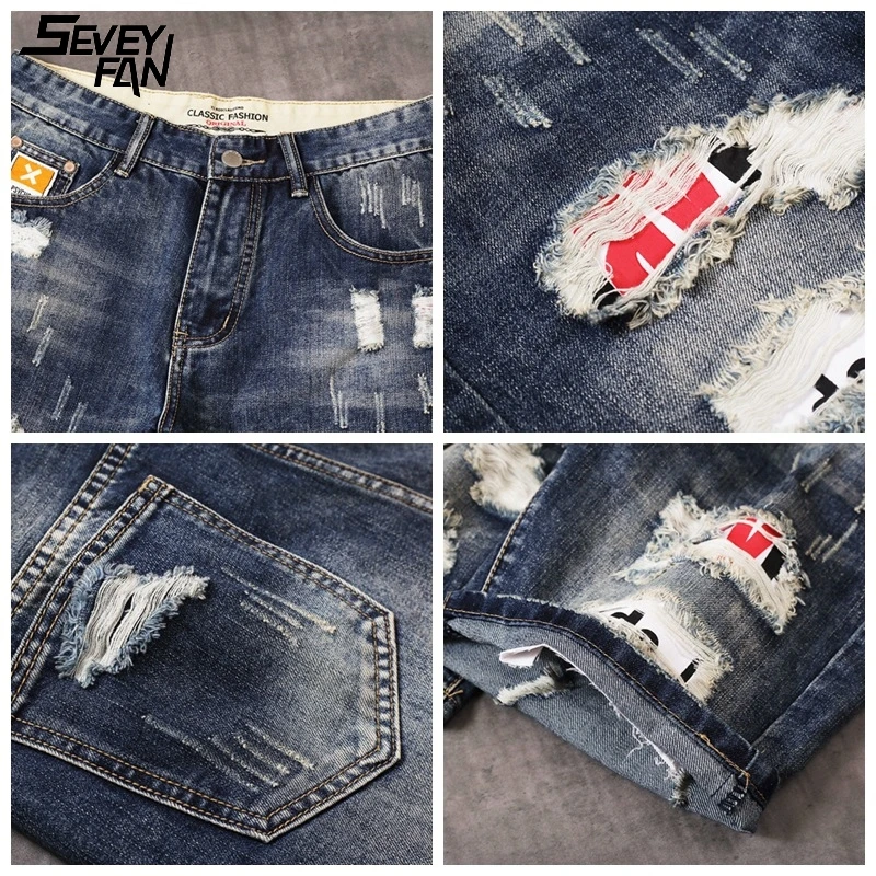 

Vintage Blue Ripped Hip Hop Denim Shorts Men 2021 Summer New Fashion Hole Letter Patchwork Streetwear Jeans Short Harajuku Retro