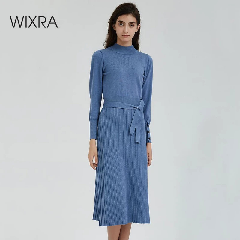 Женское платье свитер Wixra элегантное вязаное до колена с длинными рукавами и