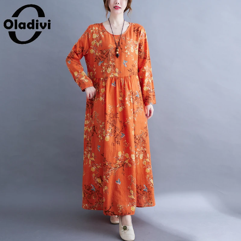 

Oladivi Spring Autumn New Long Sleeve Dress Women's Oversized Fashion Flower Print Casual Loose Maxi Long Dresses Vestidios 9026