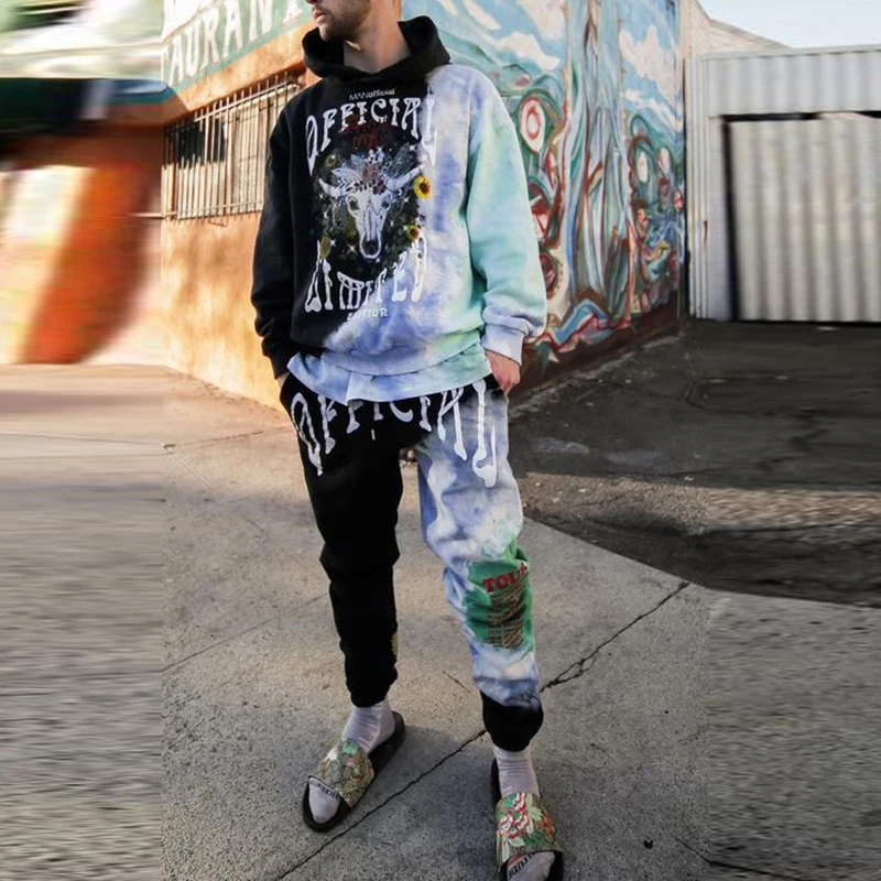 

Spring and Autumn Fashion men's Hoodie + trousers two-Piece Casual Sportswear With Hood Collar Retro Harajuku Printed Sportswear