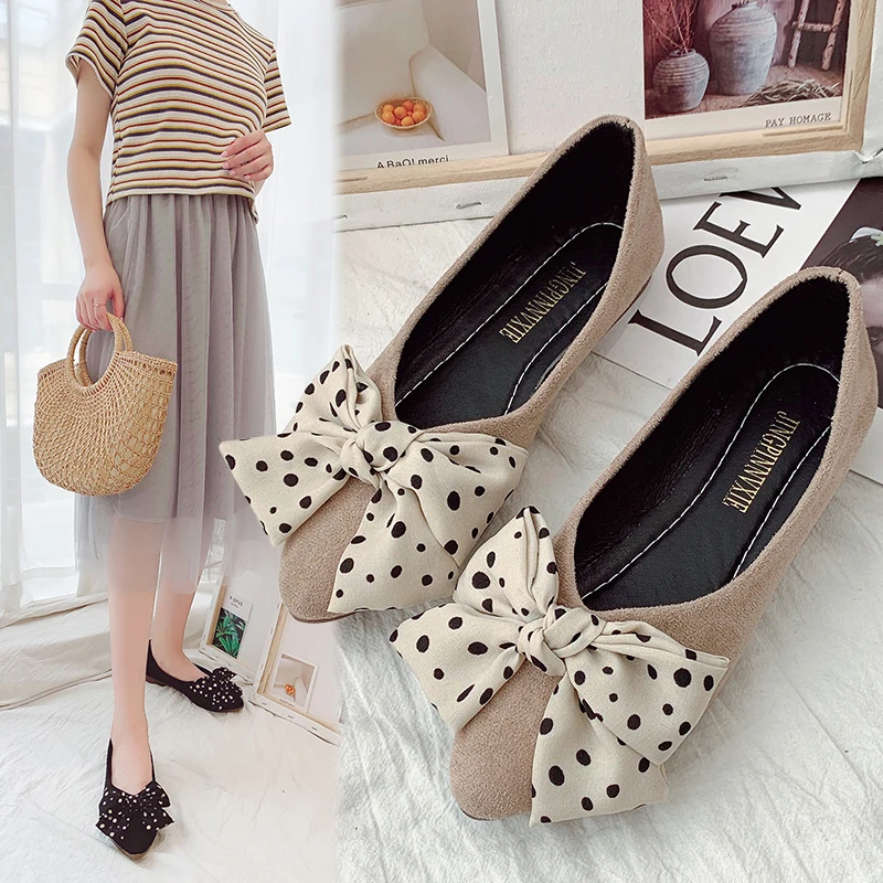 Женские балетки на плоской подошве с бантом в горошек без застежки лоферы из